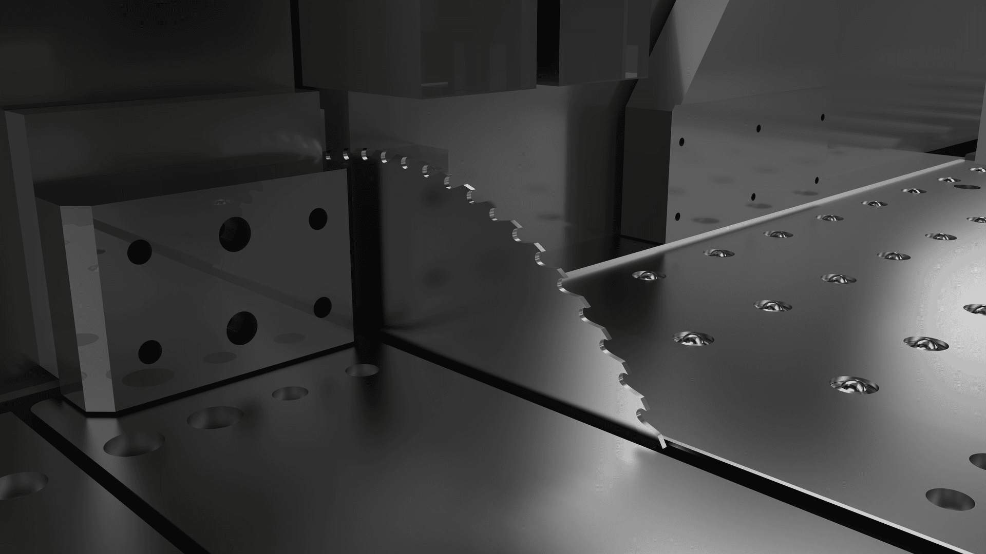 Carbide saw blade cutting steel on a flat plate circular saw machine